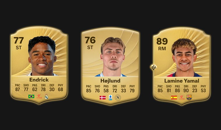 Portraits of best strikers Endrick, Højlund and Yamal for top league teams.