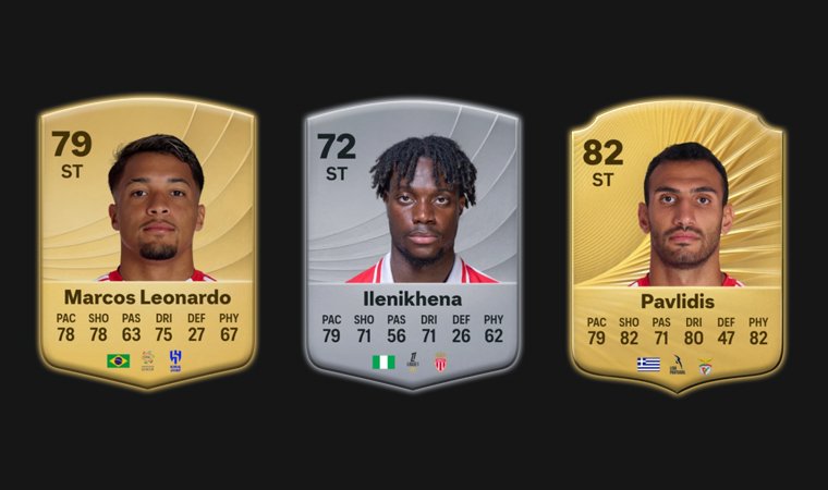 Portraits of cheap strikers Leonardo, Ilenikhena and Pavlidis in EAFC 26 Career Mode.