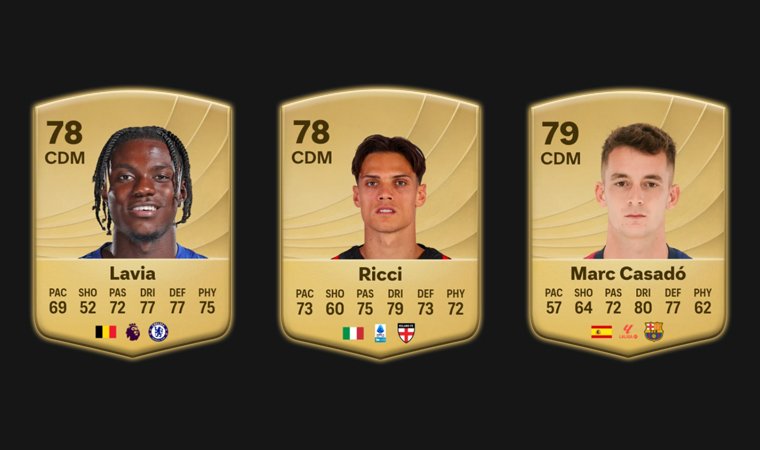 Portraits of cheap wonderkid CDMs in Career Mode: Lavia, Ricci and Casadó.
