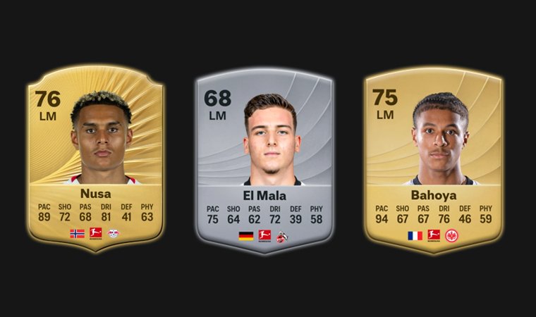 Portraits of cheap wonderkid left midfielders in FC 26 Career Mode: Nusa, El Mala and Bahoya.