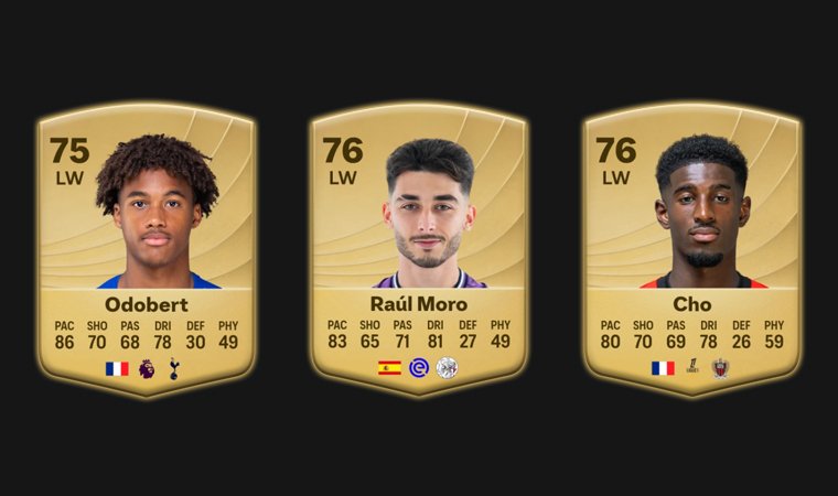 Portraits of cheap wonderkid left wingers in Career Mode: Odobert, Raúl Moro and Cho.