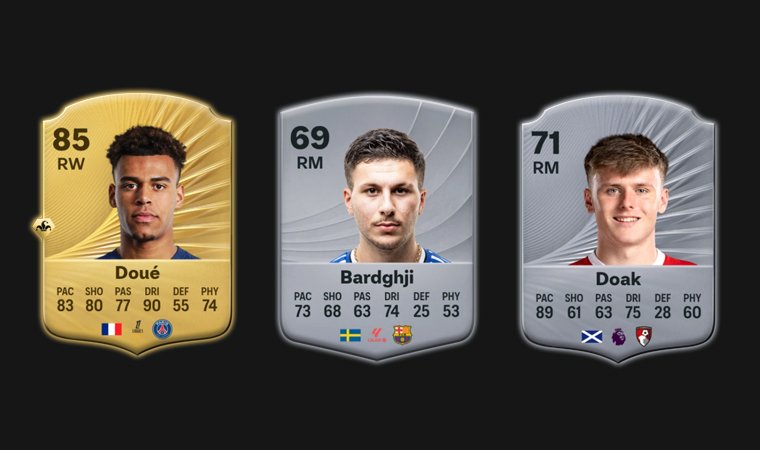 Portraits of cheap wonderkid right midfielders in FC 26 Career Mode: Doué, Bardghji and Doak.