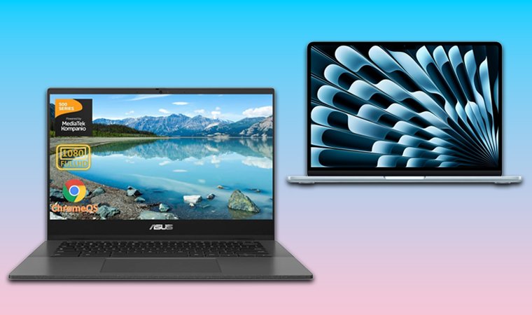 ASUS Chromebook and Apple MacBook side by side on a blue-to-pink background.