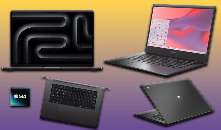 MacBook and Chromebook laptops shown from different angles on a yellow-to-purple background.