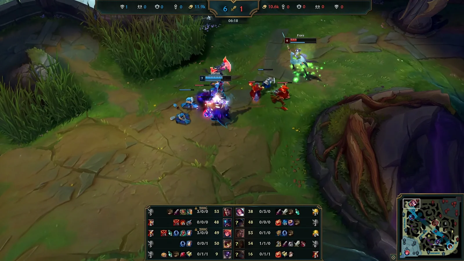 League of Legends top lane matchup showing Darius fighting Fiora in the laning phase