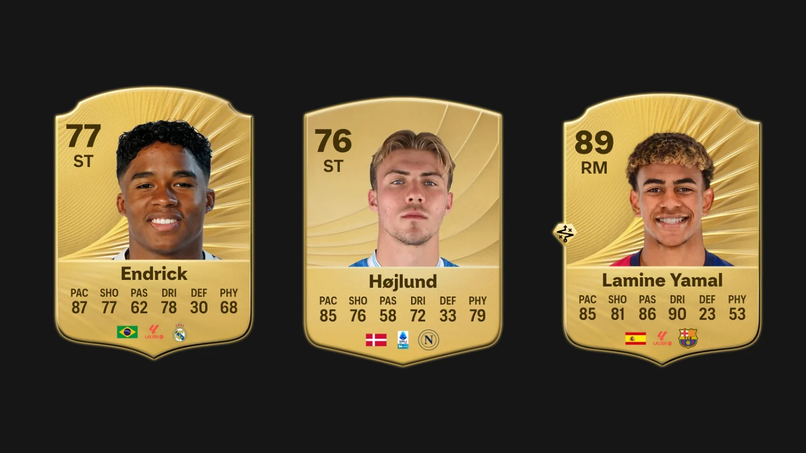 EA FC 26 player cards for Endrick, Rasmus Højlund, and Lamine Yamal