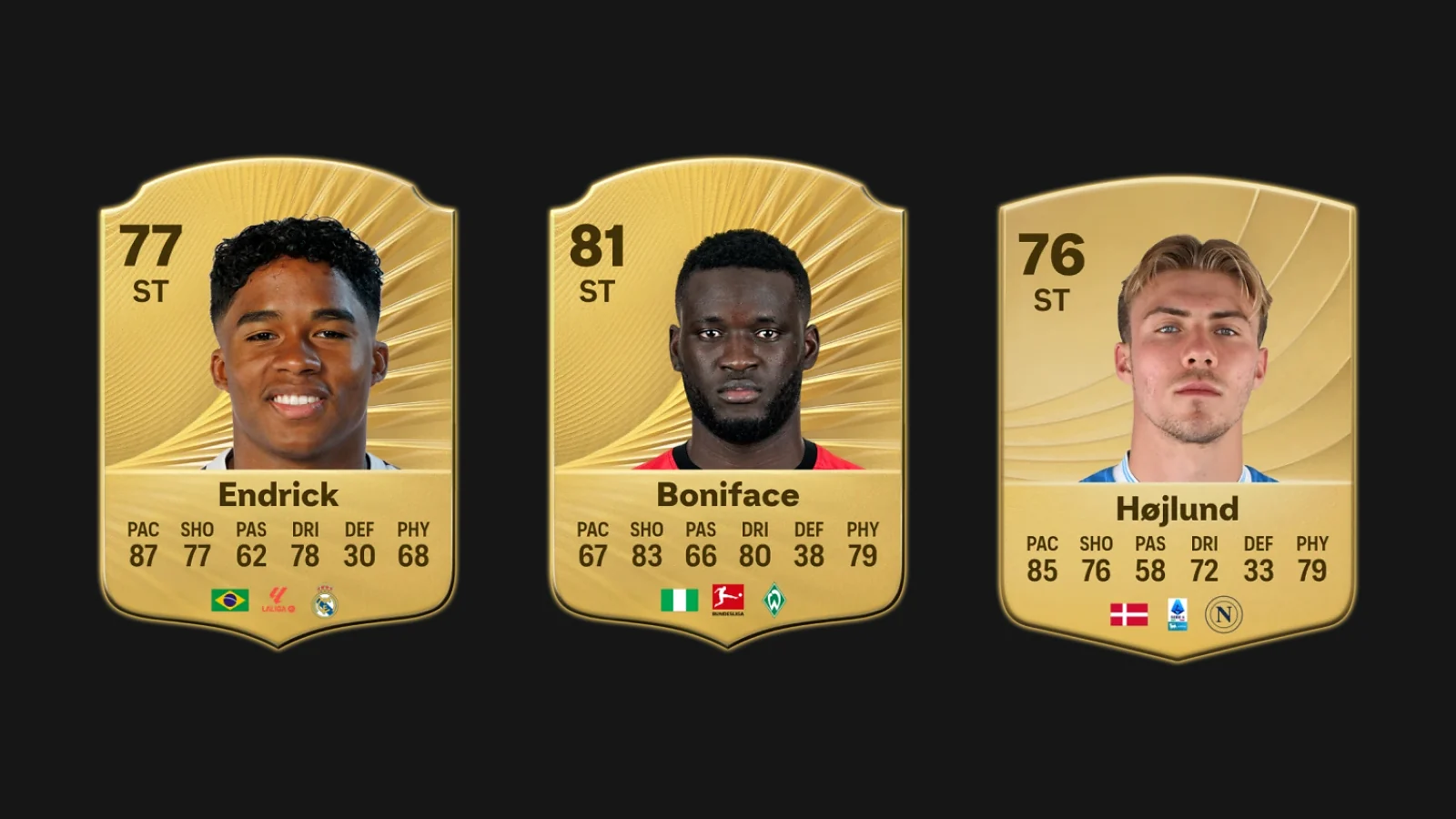 EA FC 26 player cards for Endrick, Victor Boniface, and Rasmus Højlund