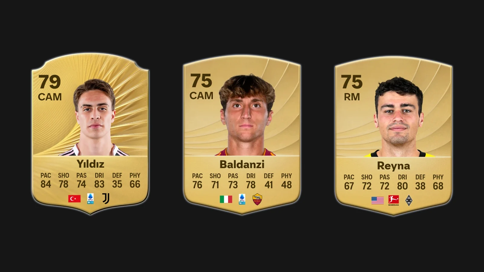 EA FC 26 player cards for Kenan Yıldız, Tommaso Baldanzi, and Giovanni Reyna