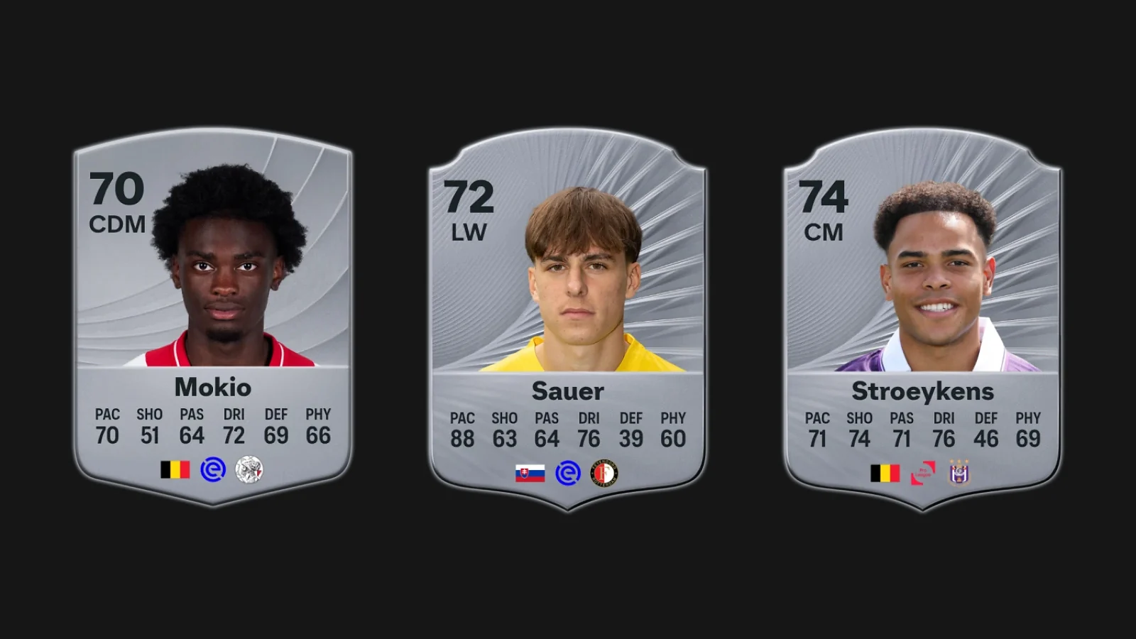 EA FC 26 player cards for Jorthy Mokio, Leo Sauer, and Mario Stroeykens