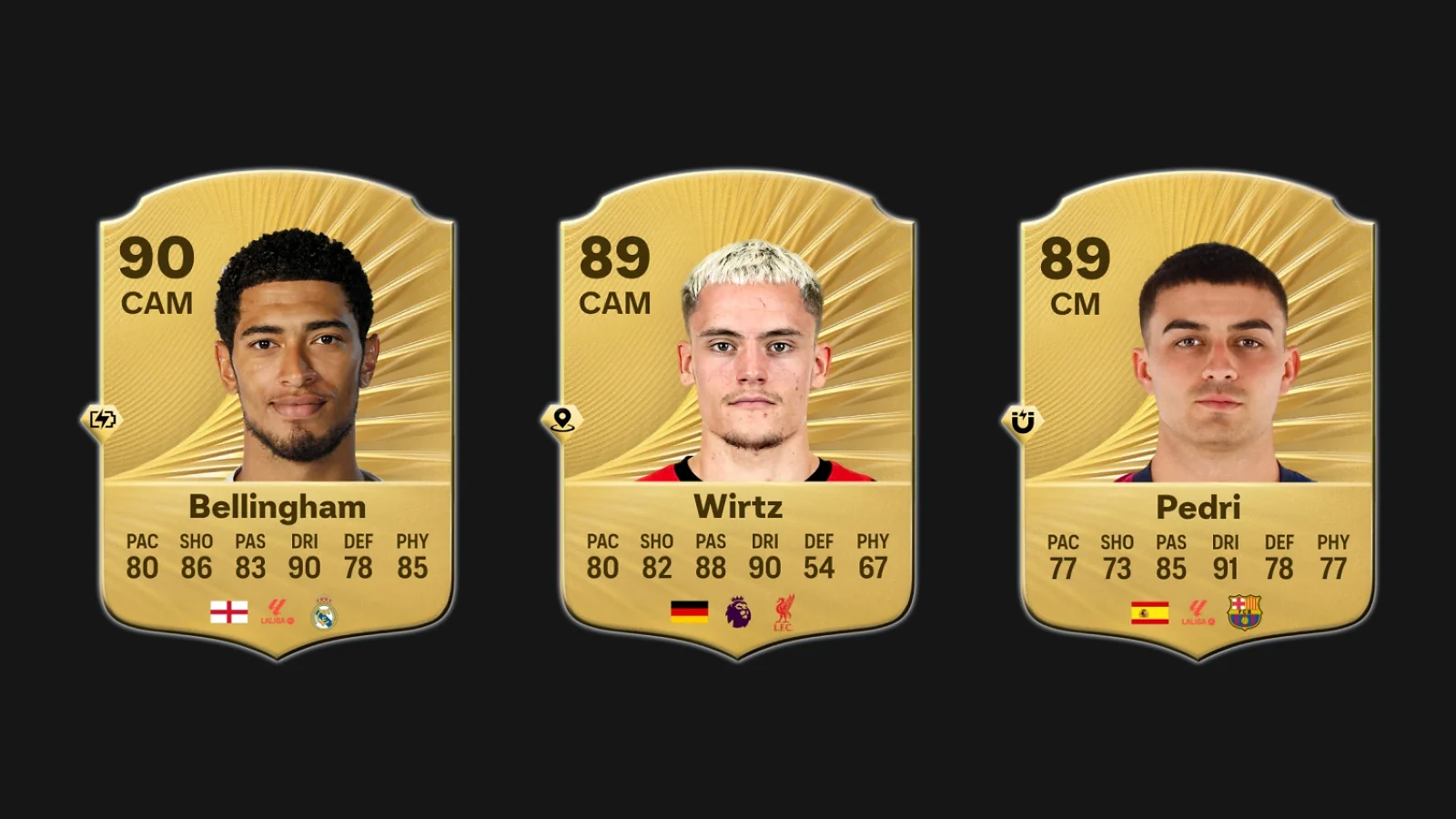 EA FC 26 player cards for Jude Bellingham, Florian Wirtz, and Pedri