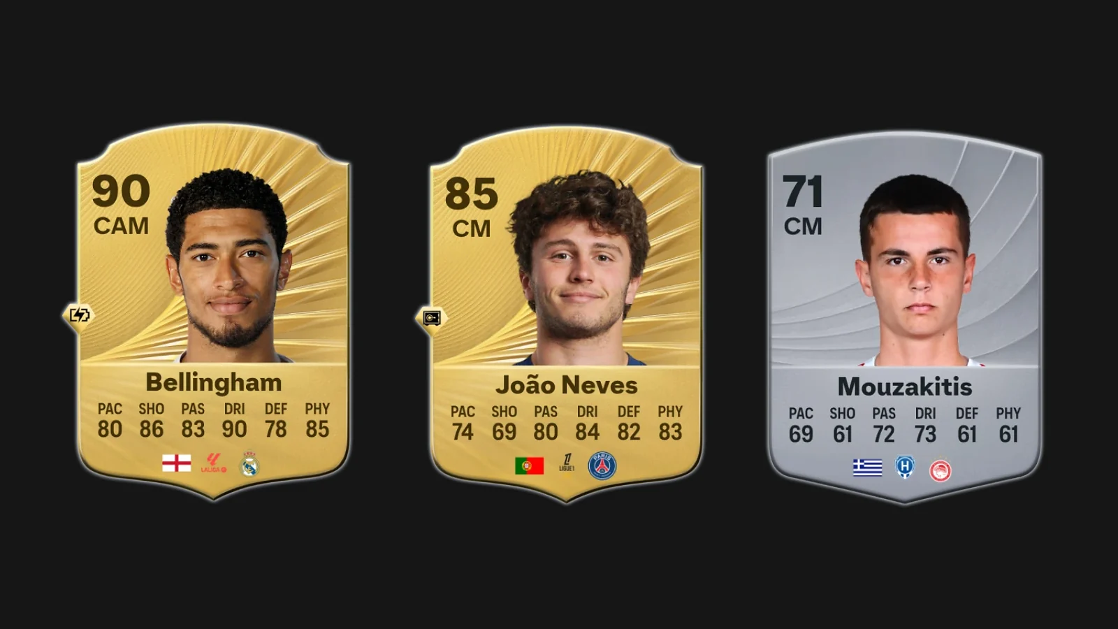 EA FC 26 player cards for Jude Bellingham, João Neves, and Christos Mouzakitis
