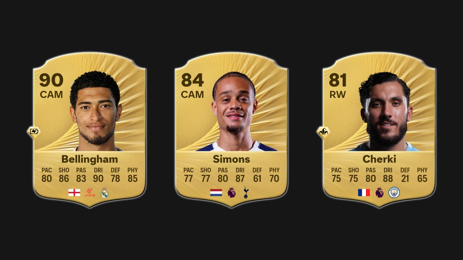 EA FC 26 player cards for Jude Bellingham, Xavi Simons, and Rayan Cherki