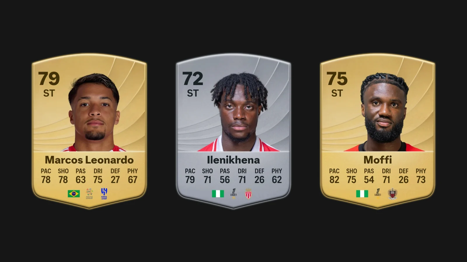 EA FC 26 player cards for Marcos Leonardo, George Ilenikhena, and Terem Moffi