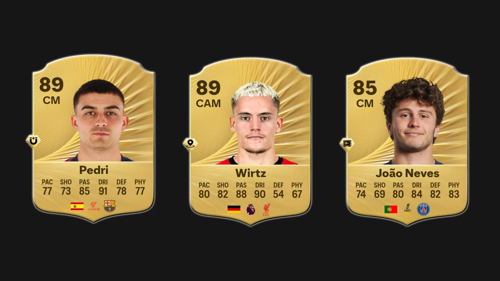 EA FC 26 player cards for Pedri, Florian Wirtz, and João Neves