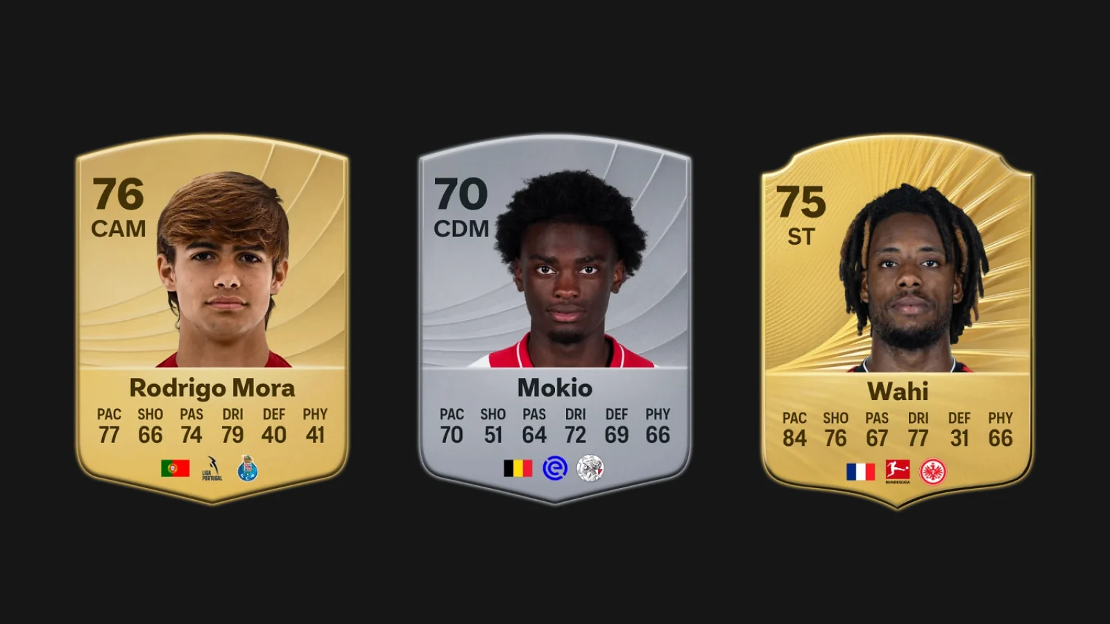 EA FC 26 player cards for Rodrigo Mora, Jorthy Mokio, and Elye Wahi