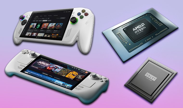ROG Ally with a Z1 Extreme chip and a Steam Deck with a custom AMD chip, displayed on a pastel pink and purple background.