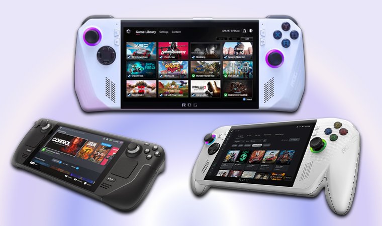 Game library displayed on a Steam Deck and ROG Ally.