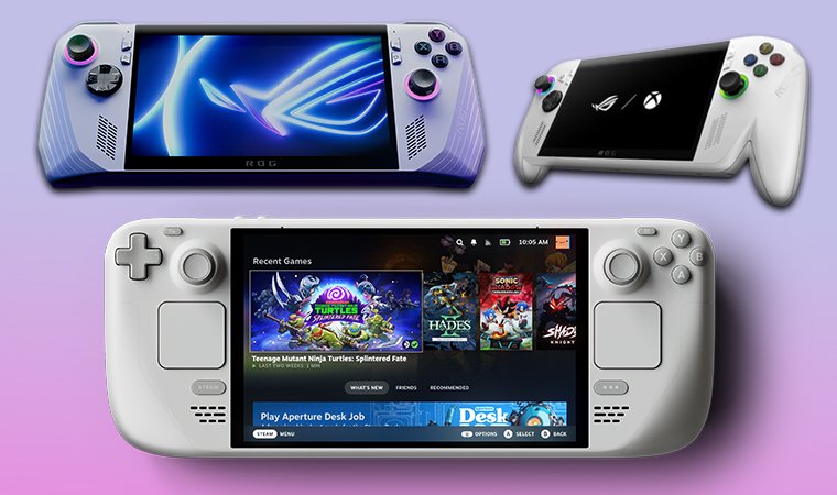 A Steam Deck and two ROG Ally devices displayed on a pastel pink and purple background.