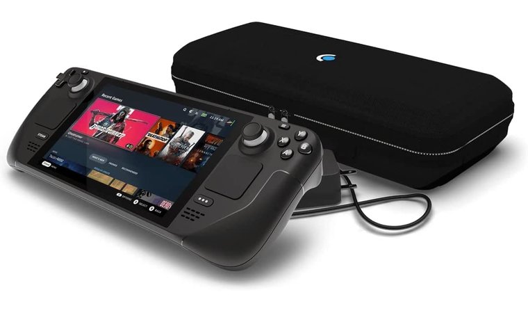 Valve Steam Deck and its case on a white background.