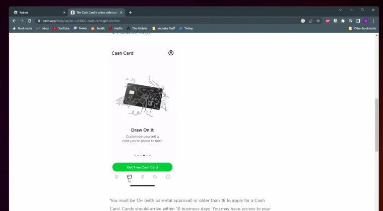 Website page offering the option to get a cash card