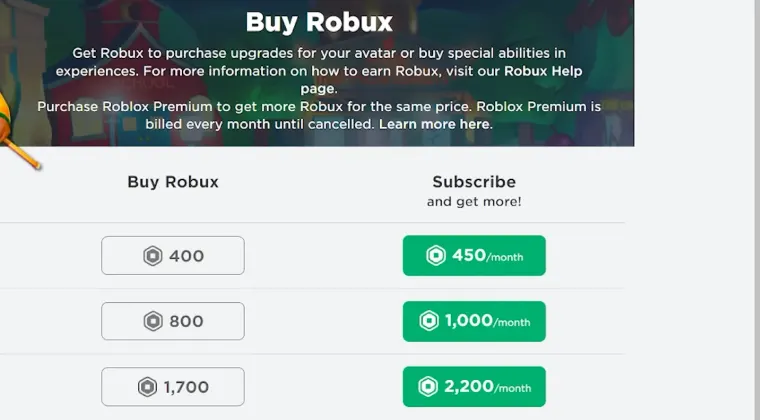 Website page offering the option to buy Robux