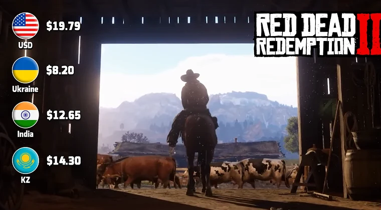 Screenshot from Red Dead Redemption 2 showing a gameplay scene with overlaid price information for various countries and currencies