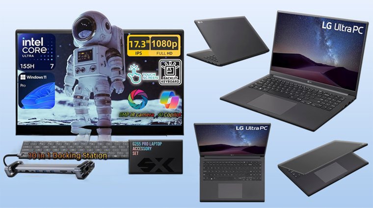 Laptop from the front, back and side with some accessories and a docking station.