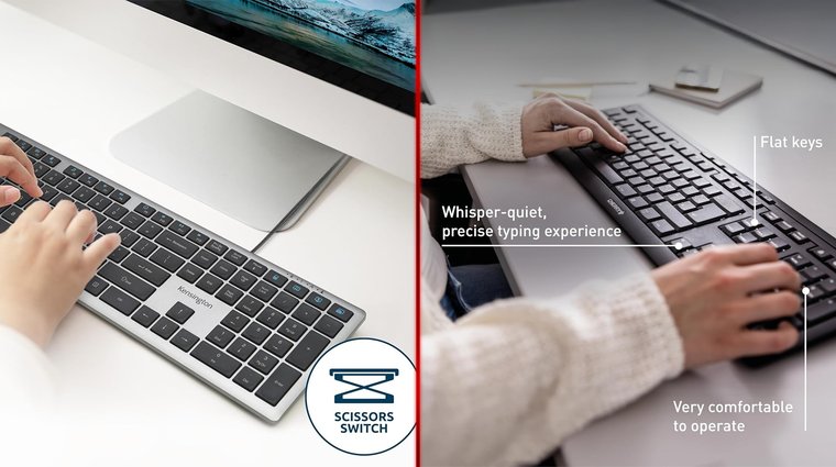 Side-by-side images of scissor switch keyboards, separated by a vertical bar. One image includes text noting that the keyboards are silent, comfortable to type on, and have flat keys.