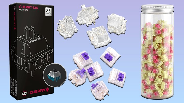 Multiple keyboard switches and some of their packaging on a pastel background.