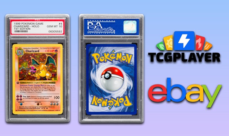 The front and back of a Pokémon card 1st Edition Charizard and eBay and TCGPlayer logos on a pastel background.