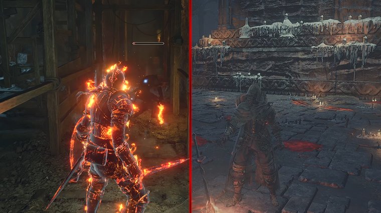Dark Souls III character engulfed in flames while fighting an enemy in a narrow hallway; on the other side, a Demon’s Souls character stands near a bonfire.