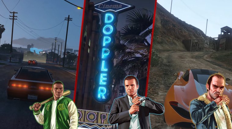 GTA 5 missions: left, Franklin’s street races with his profile; middle, Michael’s Doppler Cinema acquisition with his profile; right,  Trevor’s Altruist Camp with his profile.