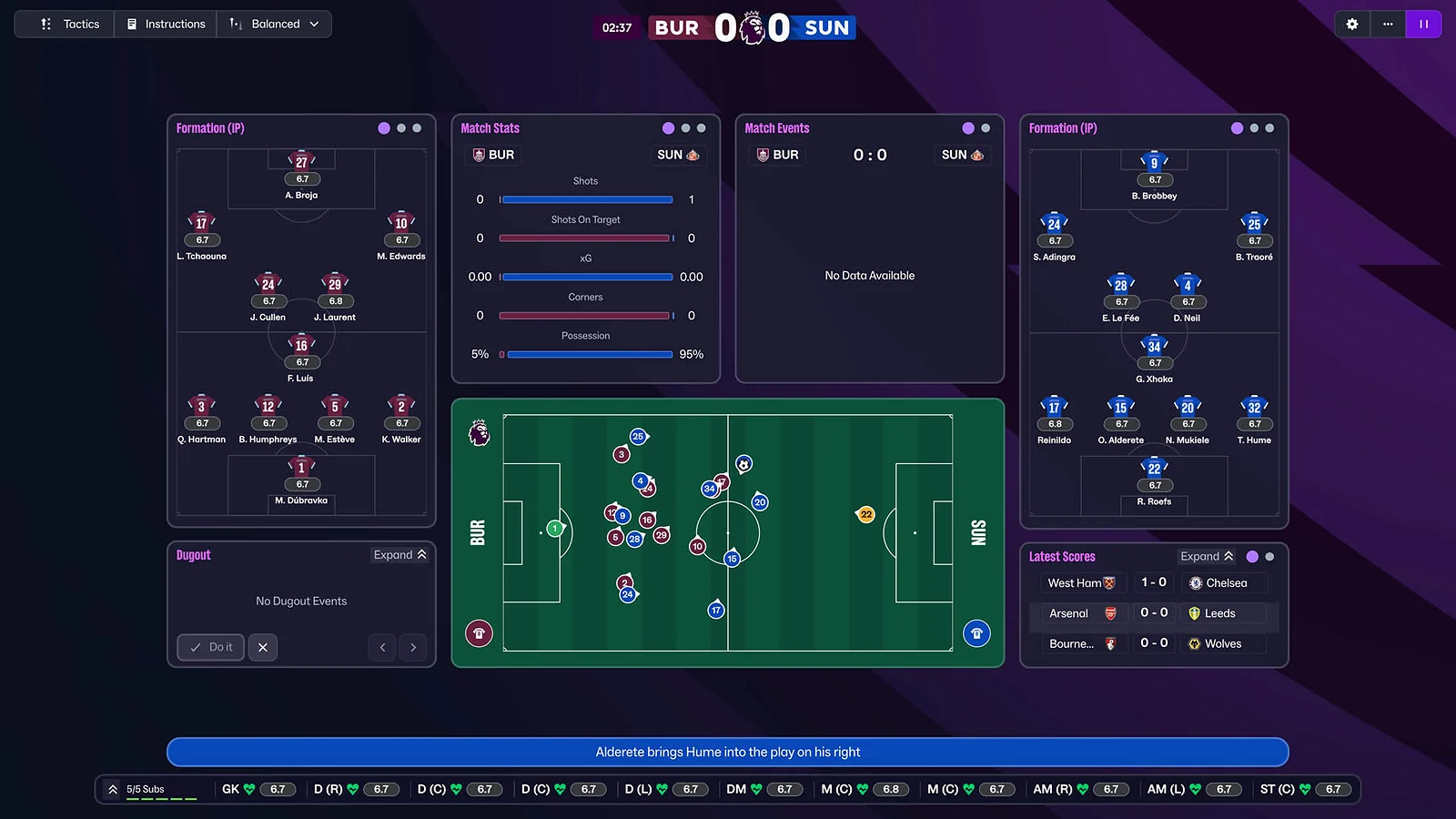 Football Manager 26 tactical match screen for BUR vs SUN