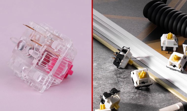 Close-up of a clear Gateron Aliaz switch and several Akko Penguin switches on a desk.