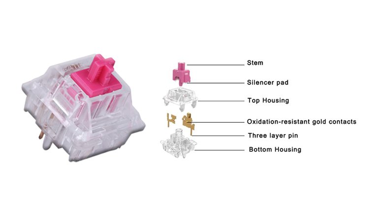 Gateron Aliaz Silent Pink switch with labeled internal parts.