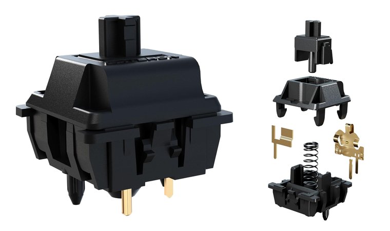 Gateron Oil King V2 switch shown with its layered internal components.