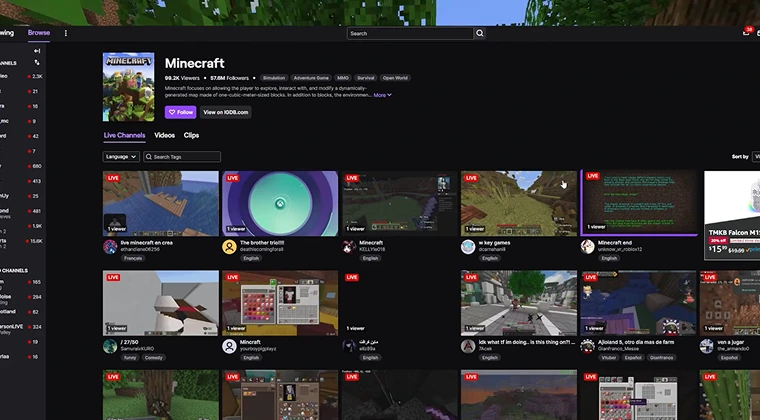 YouTube Minecraft channel displaying a list of videos and livestream archives
