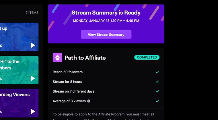 Screenshot of the Twitch Affiliate program page with program details and requirements