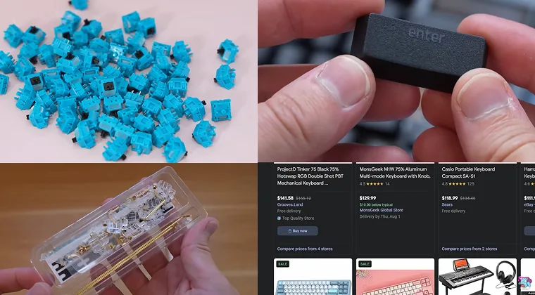 Four sections: first showing switches, others showing keyboard parts, fourth showing online stores to buy keyboards