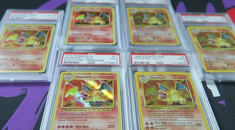PSA-graded Pokémon cards in protective cases