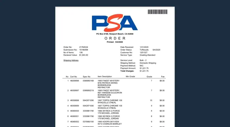 List of Pokémon cards with grading details and associated service fees