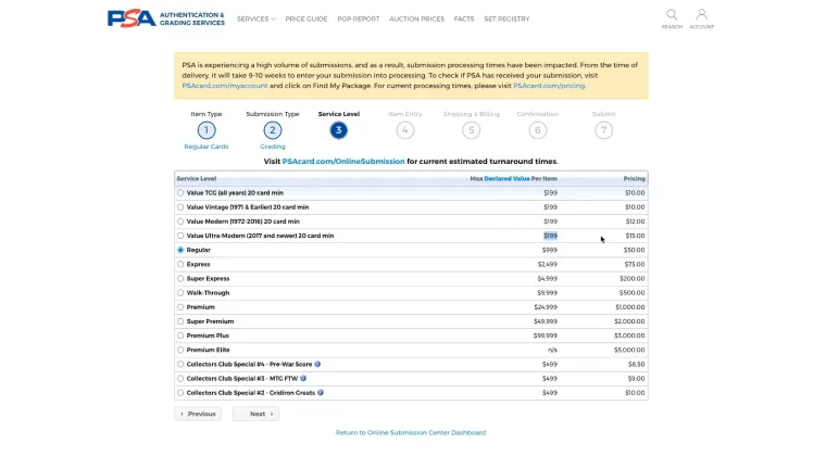 PSA website submission page for uploading Pokémon cards for grading