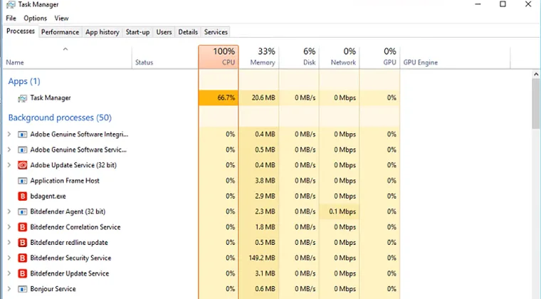 Open Task Manager window showing high CPU usage