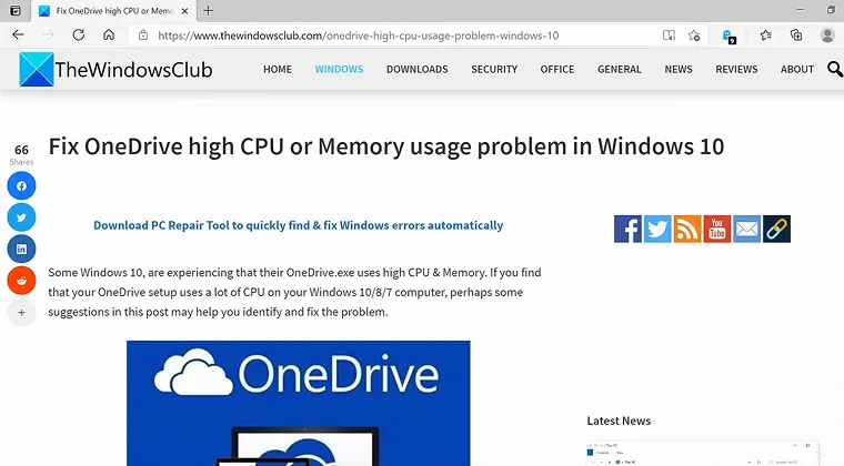 Webpage explaining how to fix high CPU usage issues related to OneDrive