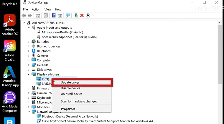 Device Manager window with the ‘Update drivers’ option highlighted