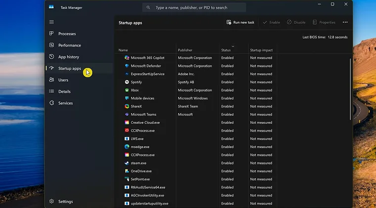 Task Manager window open to the Startup tab showing startup applications