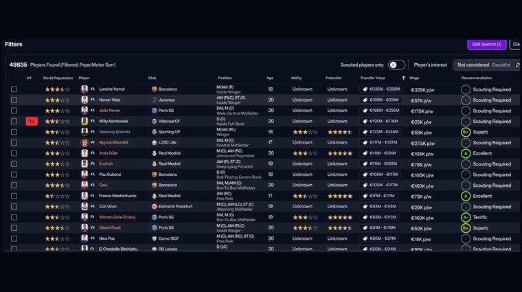 Scouting FM26 Wonderkids by setting filters.