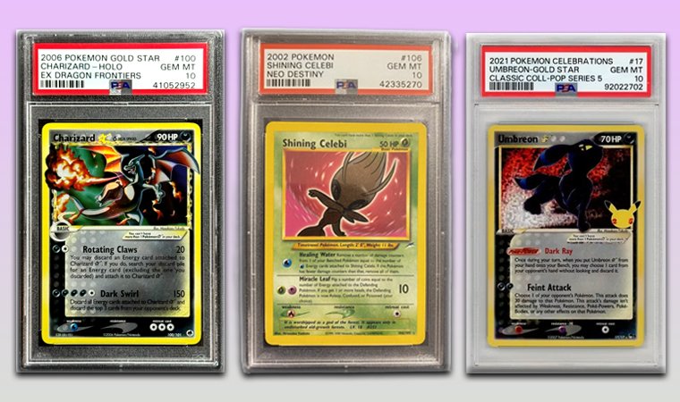 Pokémon Cards Charizard Gold Star, Shining Celebi and Umbreon Gold Star on a purple and gray background.