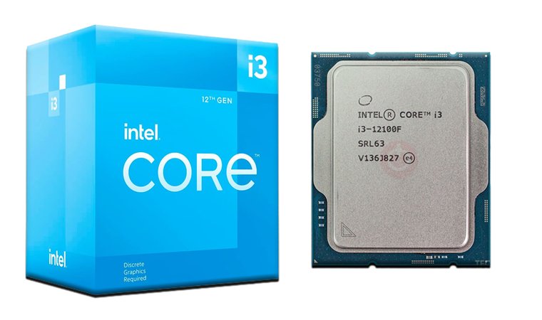 Intel Core i3-12100F box with the processor beside it.