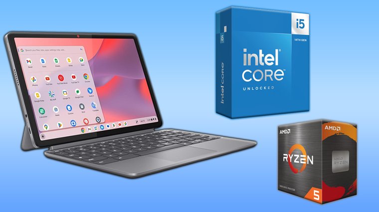 Lenovo Chromebook Duet, Intel Core i5 and AMD Ryzen 5 on a blue background.